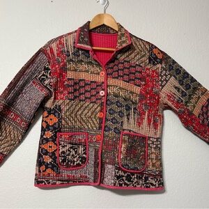 Vintage Silver Stream Floral Patchwork Cotton Quilted Jacket. Reversible, Button